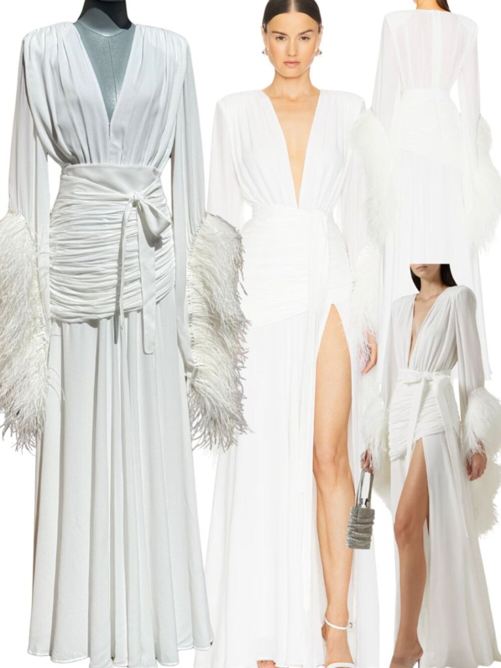🆕 BRONX & BANCO 🧿 NWOT Geisha Blanc Feather-Trim Maxi Dress, White - Sz S US 4